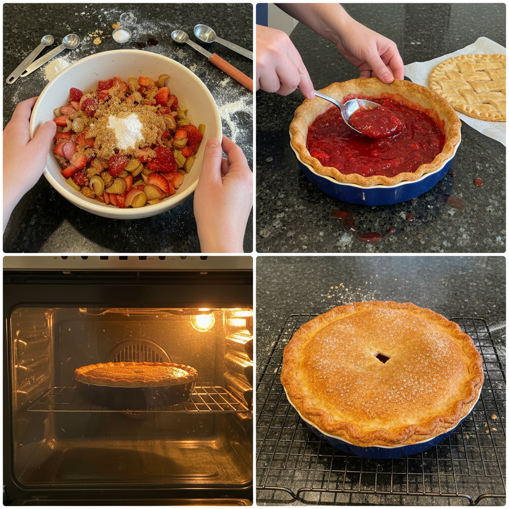 strawberry-rhubarb-pie-prep Hands carefully spooning the vibrant strawberry rhubarb pie filling into a waiting, unbaked pie crust.