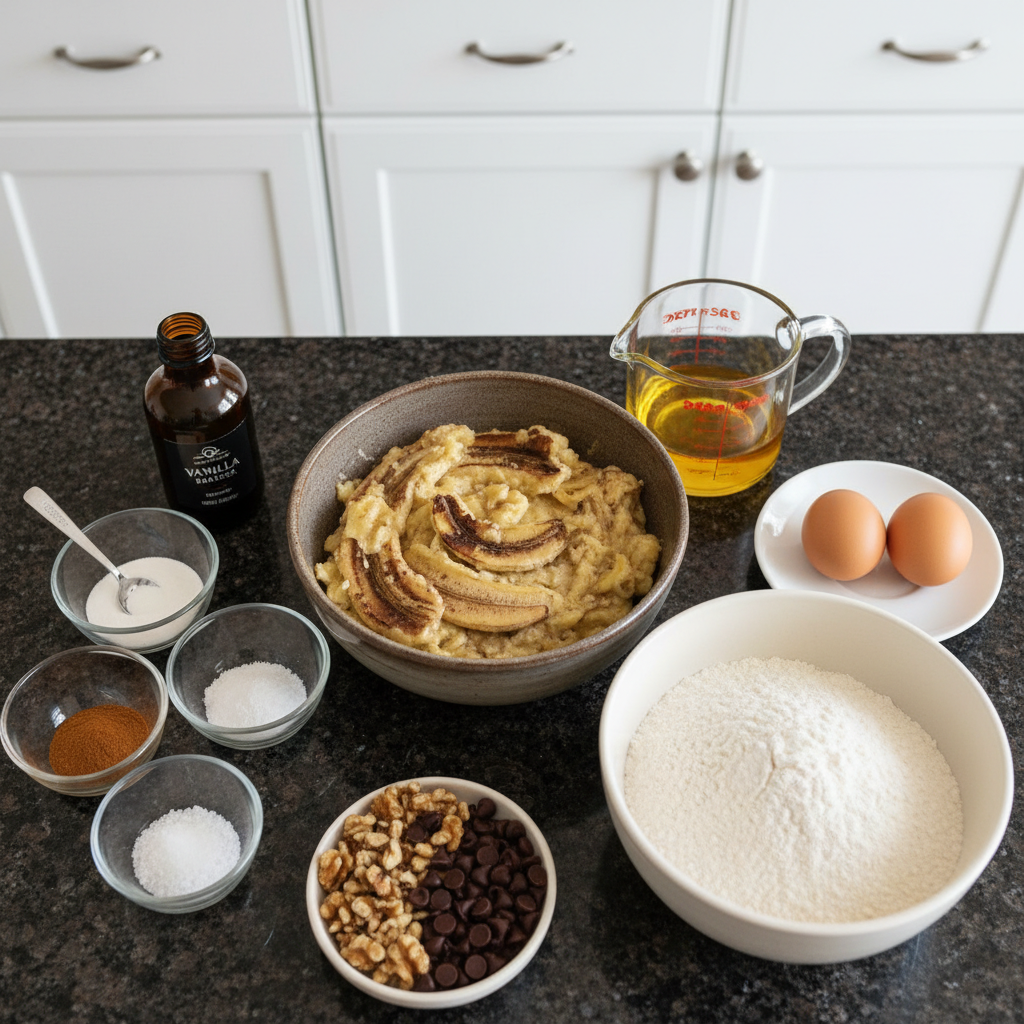 sugar-free-banana-bread-ingredients All fresh ingredients for sugar free banana bread, including ripe bananas, flour, eggs, and sweetener, laid out on a wooden counter.