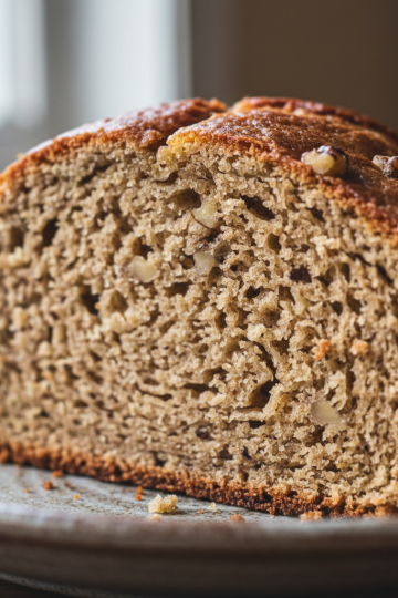 A golden brown slice of sugar free banana bread on a white plate, moist and ready to eat.