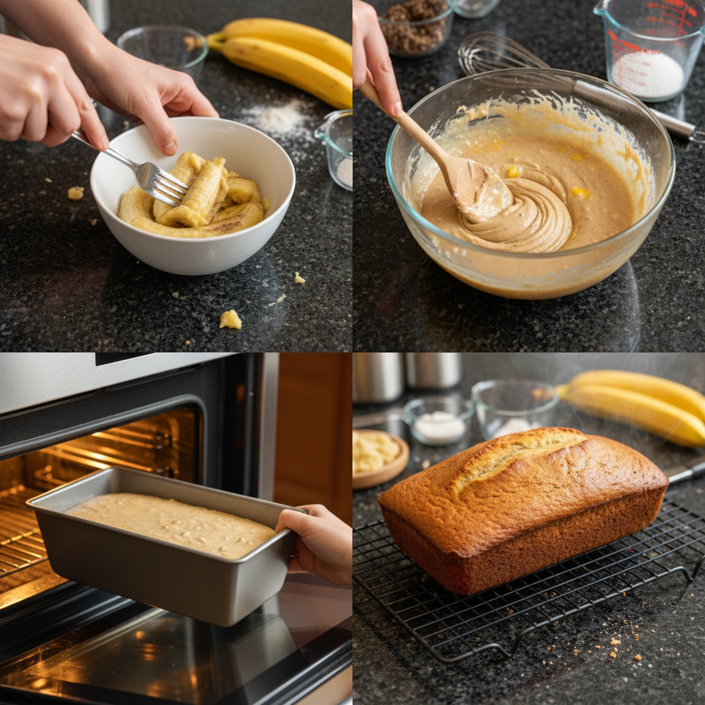 sugar-free-banana-bread-preparation Hands mixing smooth batter in a bowl for sugar free banana bread, showing the rich, thick consistency.