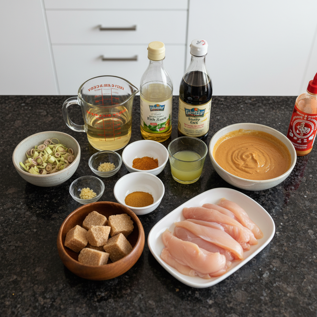 thai-chicken-satay-with-peanut-sauce-ingredients A colorful array of fresh ingredients for Thai Chicken Satay with Peanut Sauce, including chicken breast, peanuts, spices, and herbs.