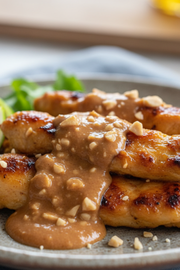 Grilled Thai Chicken Satay with Peanut Sauce, garnished with fresh cilantro and lime wedges on a rustic serving board.