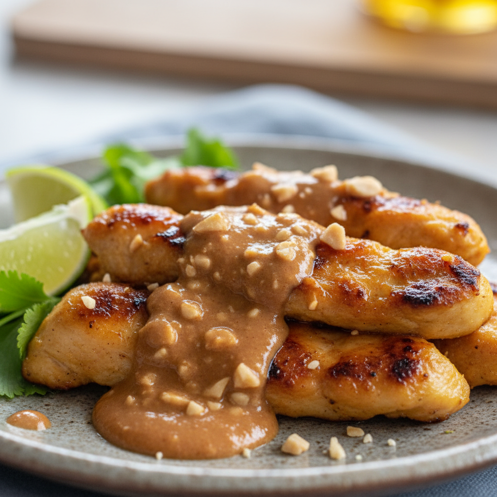 Grilled Thai Chicken Satay with Peanut Sauce, garnished with fresh cilantro and lime wedges on a rustic serving board.