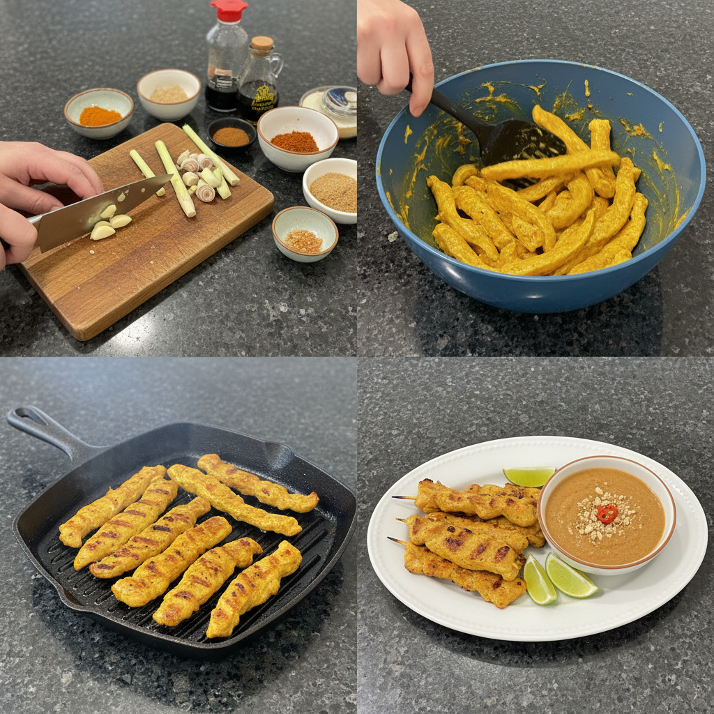 thai-chicken-satay-with-peanut-sauce-preparation Marinating chicken pieces for Thai Chicken Satay with Peanut Sauce in a glass bowl, absorbing the flavorful spice blend.