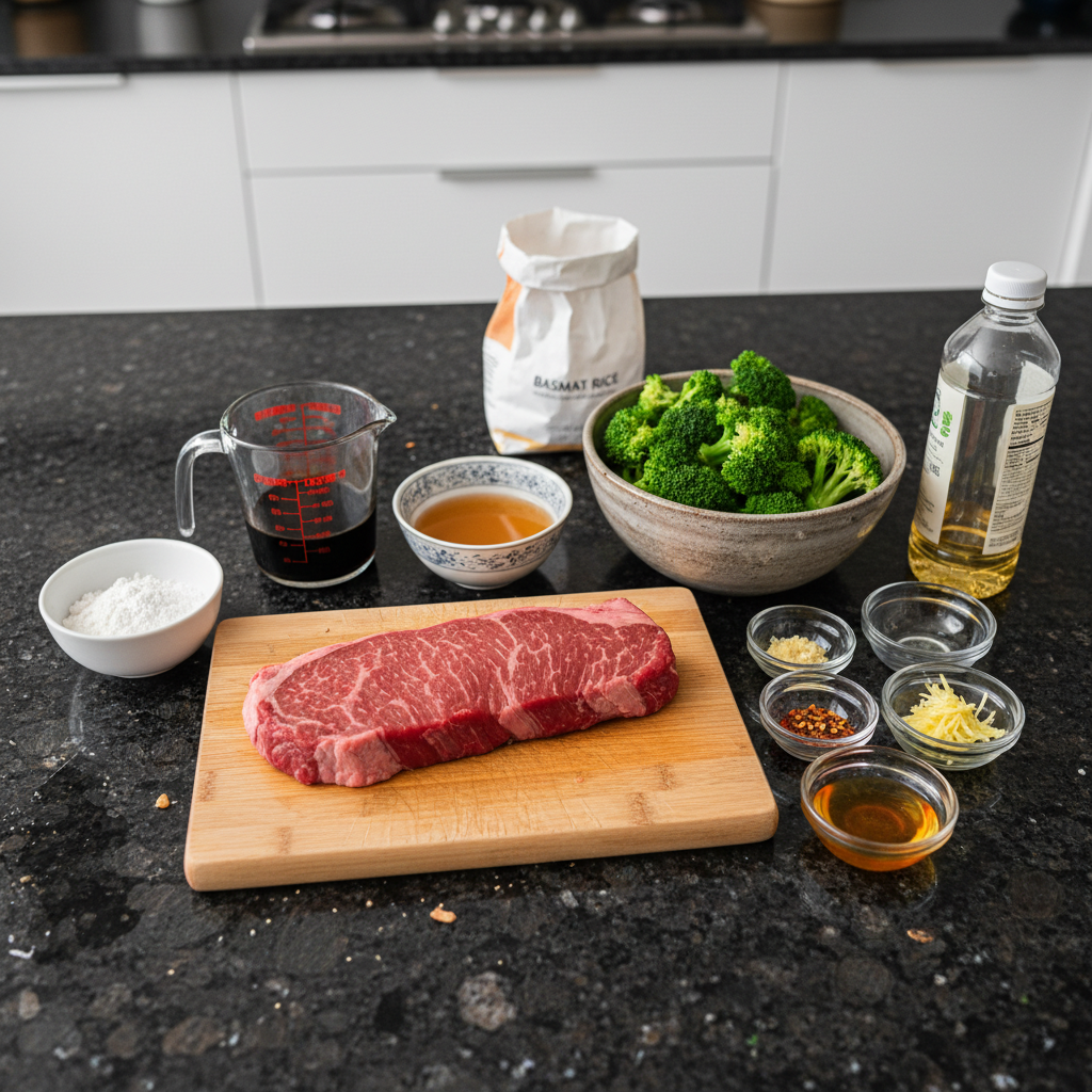 valentine-recipes-for-two-beef-broccoli-ingredients Fresh ingredients like thinly sliced beef, vibrant broccoli florets, garlic, ginger, and soy sauce laid out for Valentine's Recipes for Two: Beef & Broccoli.