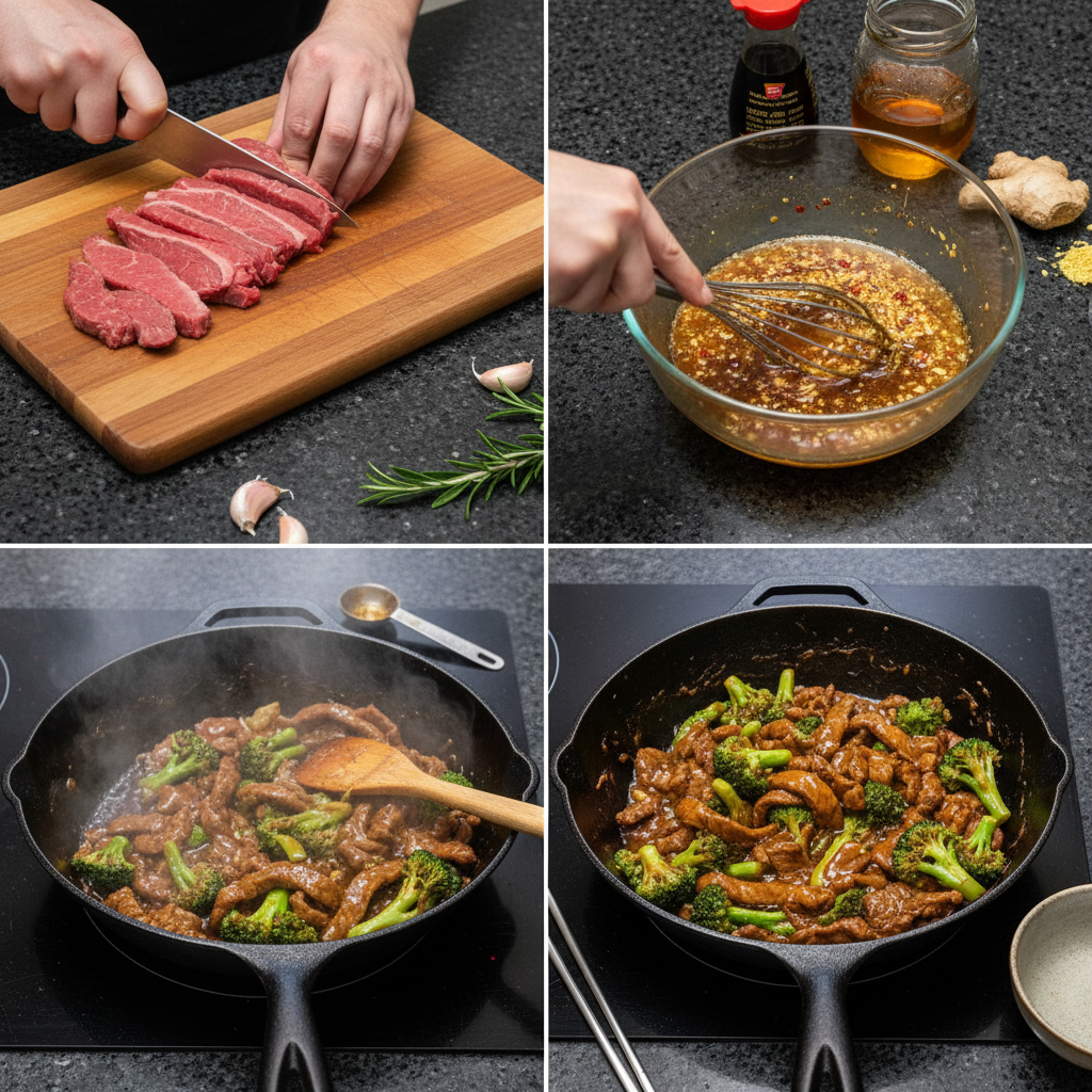 valentine-recipes-for-two-beef-broccoli-prep-step A chef's hands stir-frying thinly sliced beef with vibrant broccoli florets in a hot wok, an essential step for Valentine's Recipes for Two: Beef & Broccoli.