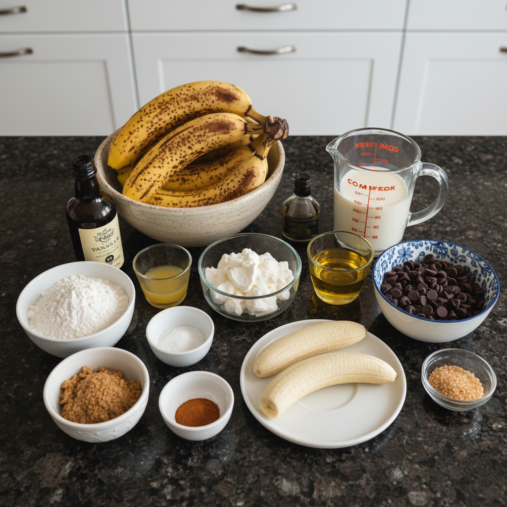 vegan-banana-bread-ingredients-mise-en-place All the fresh and dry ingredients for making delicious vegan banana bread laid out on a kitchen counter.