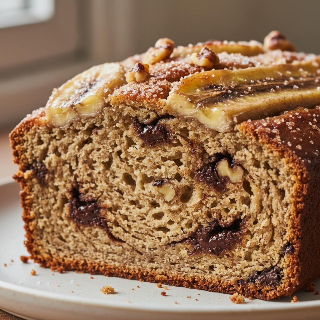 A beautifully baked golden brown loaf of vegan banana bread, sliced, on a wooden board.