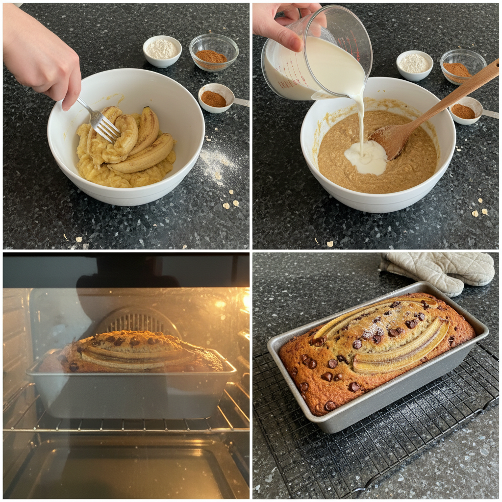 vegan-banana-bread-prep-mashing-bananas A person mashing ripe bananas in a bowl, a key step in preparing vegan banana bread.