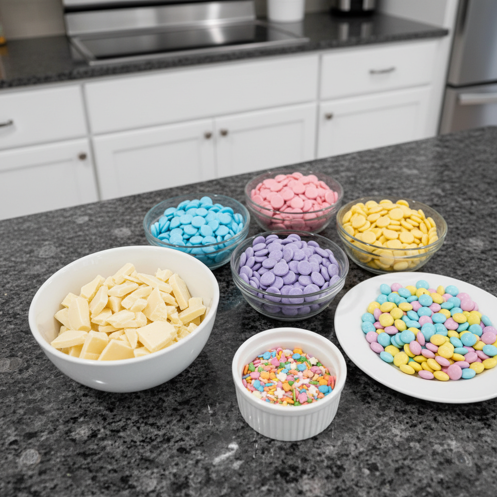 white-chocolate-easter-bark-ingredients An overhead shot of ingredients for White Chocolate Easter Bark, including white chocolate chips, pastel M&Ms, sprinkles, and mini candy eggs.