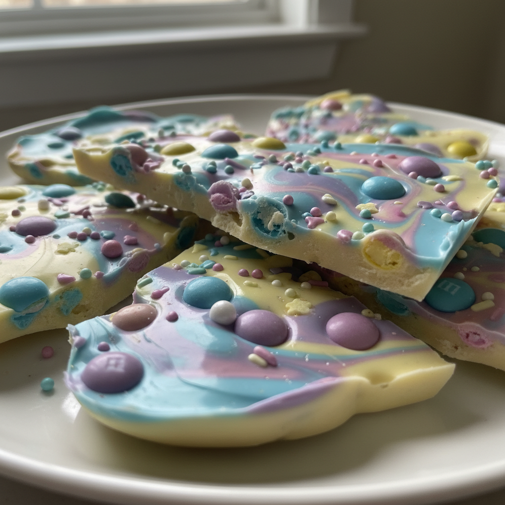A colorful platter of homemade White Chocolate Easter Bark with pastel sprinkles, candy eggs, and bunny shapes.