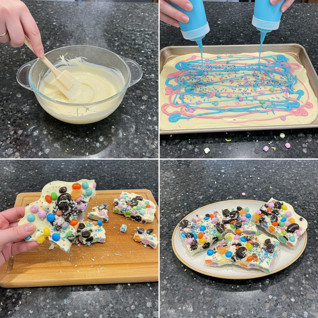 white-chocolate-easter-bark-prep-spreading Melted white chocolate being spread evenly on a parchment-lined baking sheet, a key step for making White Chocolate Easter Bark.