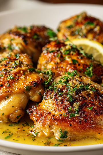 Golden-brown 30-Minute Garlic Lemon Chicken Thighs, garnished with fresh parsley and bright lemon wedges.
