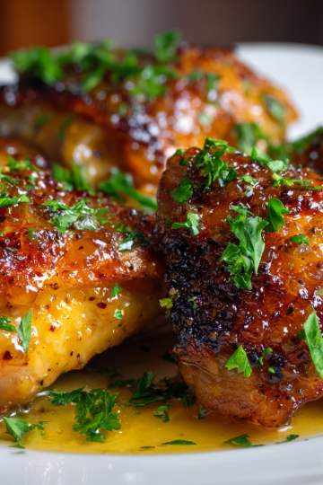 Golden brown baked apricot chicken thighs arranged on a platter, garnished with fresh parsley.