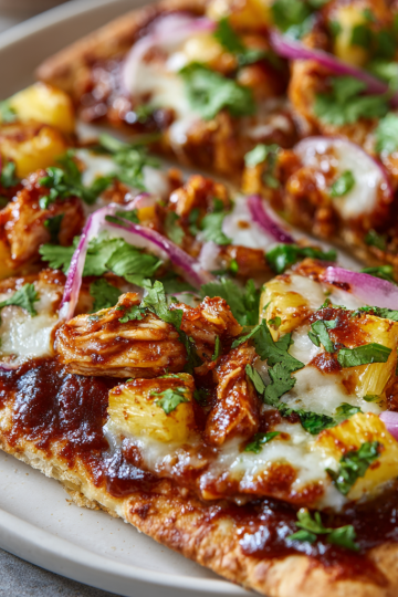 A beautifully baked BBQ Chicken Pineapple Flatbread, golden crust and vibrant toppings, ready to slice.