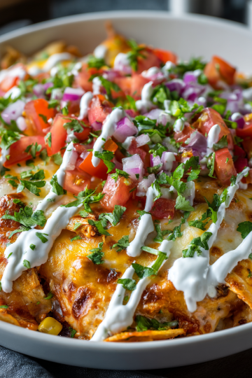A bubbling hot, cheesy Chicken Tortilla Dump Dinner, fresh from the oven and garnished with cilantro.