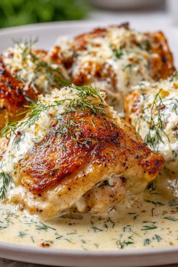 Close-up of golden brown creamy oven baked chicken thighs in a skillet, garnished with fresh herbs.