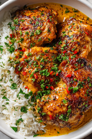 A close-up of tender Crockpot Cajun butter chicken served over fluffy white rice, garnished with fresh green parsley.