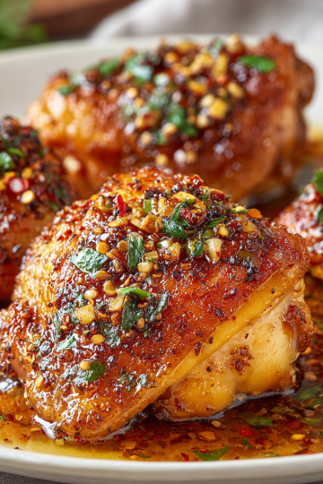 Perfectly glazed honey garlic chicken thighs with a sprinkle of fresh parsley, served hot and ready to eat.