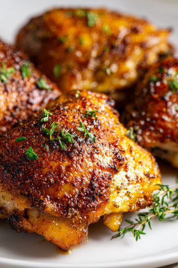 A close-up of golden brown, juicy and tender baked chicken thighs, garnished with fresh herbs, ready to serve.