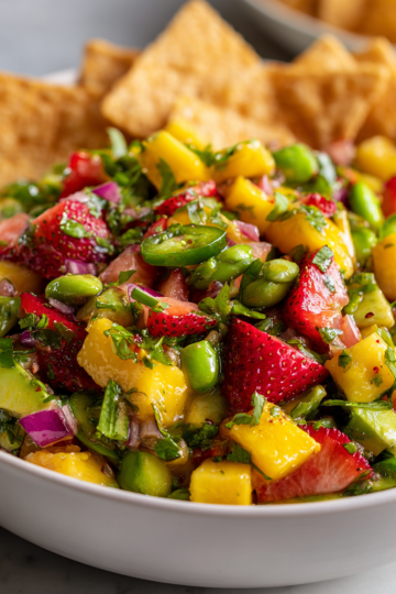 A vibrant bowl of Mango Strawberry Avocado Edamame Salsa, bursting with fresh colors and tropical flavors.