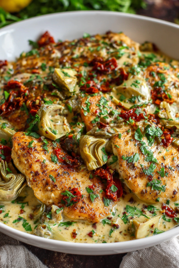 A vibrant, sizzling Mediterranean chicken skillet overflowing with colorful vegetables and juicy chicken pieces.