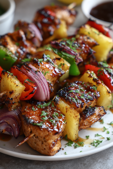 Vibrant grilled pineapple chicken kabobs, glistening with a sweet glaze, ready to serve for a tropical meal.