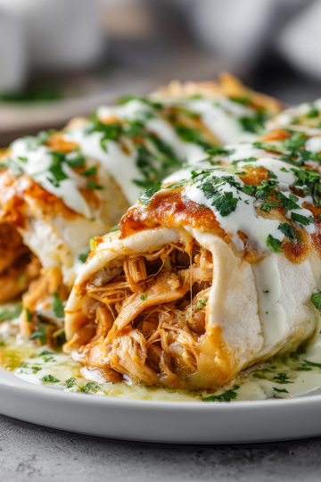 A close-up of a golden-brown, smothered honey lime chicken burrito, garnished with fresh cilantro and a dollop of sour cream.