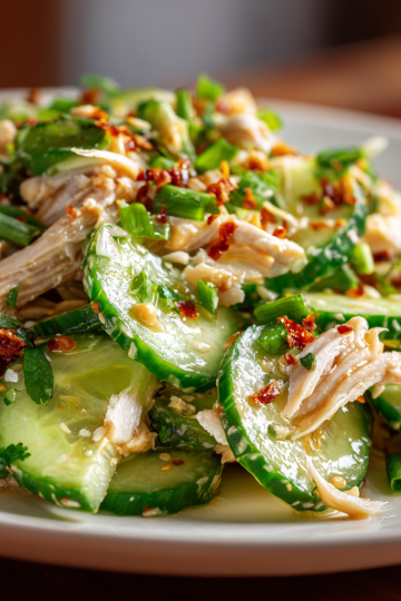 A vibrant bowl of Thai cucumber salad with chicken, garnished with fresh cilantro and crushed peanuts.