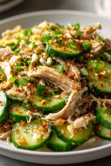 A vibrant and refreshing Thai Cucumber Salad with Chicken served in a bowl, garnished with peanuts and fresh herbs.