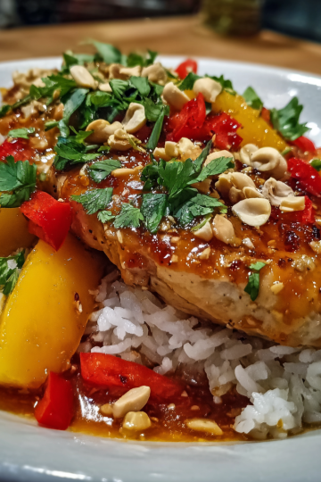 A vibrant, glistening plate of Thai Peach Chicken stir-fry, garnished with fresh basil and served with fluffy rice.